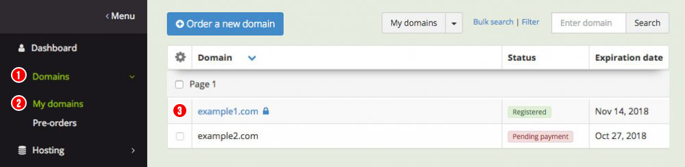 domaindiscount24 My Domains Navigation Overview