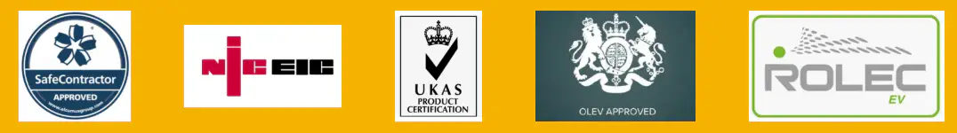 NICEIC Approved Contractor, SafeContractor, UKAS, OLEV, and ROLEC EV Accreditations